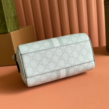 OPHIDIA TOP HANDLE BAG 21 IN GREY-GREEN MONOGRAM CANVAS AND CALFSKIN TRIM GOLD HARDWARE