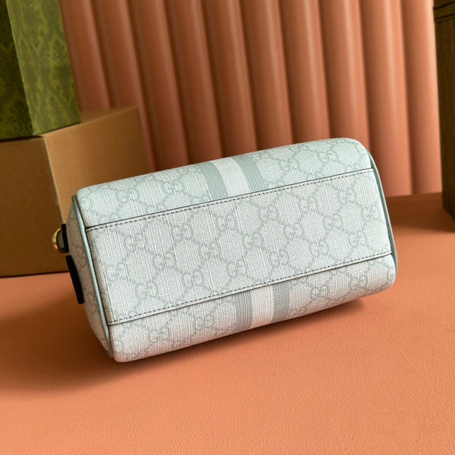 OPHIDIA TOP HANDLE BAG 21 IN GREY-GREEN MONOGRAM CANVAS AND CALFSKIN TRIM GOLD HARDWARE