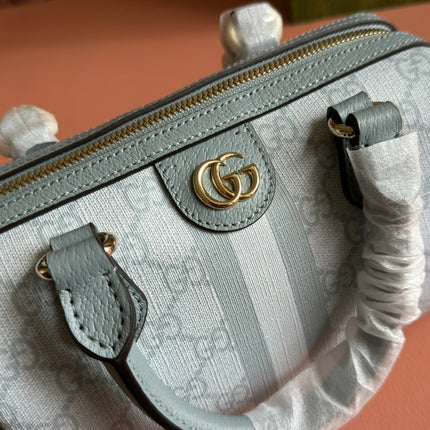 OPHIDIA TOP HANDLE BAG 21 IN GREY-GREEN MONOGRAM CANVAS AND CALFSKIN TRIM GOLD HARDWARE