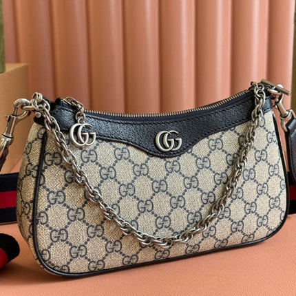 OPHIDIA SHOULDER BAG 25 IN GREY EBONY CANVAS AND BLACK LAMBSKIN SILVER HARDWARE