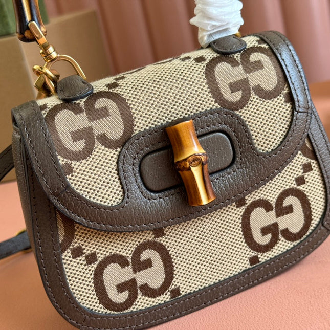 BAMBOO 1947 MINI BAG 17 IN BROWN CALFSKIN AND BEIGE CANVAS