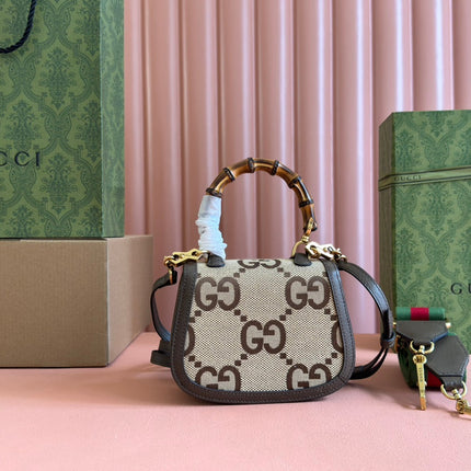 BAMBOO 1947 MINI BAG 17 IN BROWN CALFSKIN AND BEIGE CANVAS