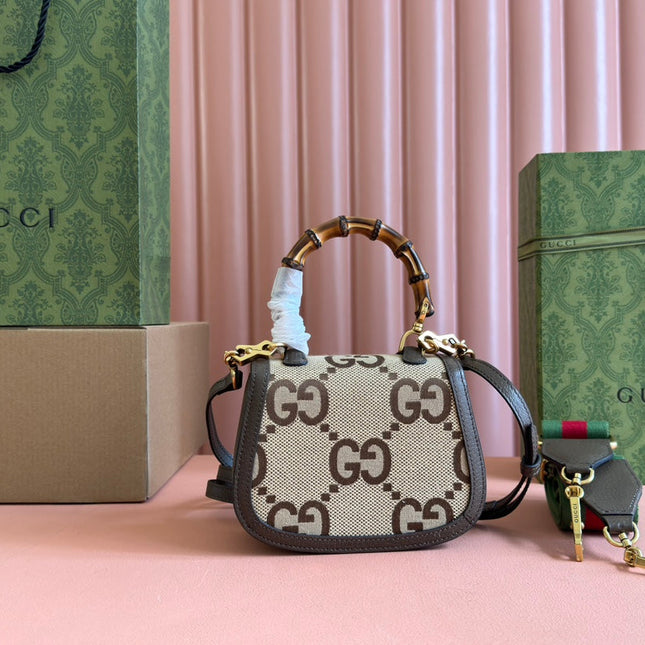 BAMBOO 1947 MINI BAG 17 IN BROWN CALFSKIN AND BEIGE CANVAS