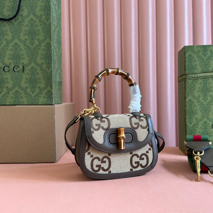 BAMBOO 1947 MINI BAG 17 IN BROWN CALFSKIN AND BEIGE CANVAS