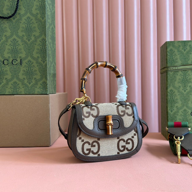 BAMBOO 1947 MINI BAG 17 IN BROWN CALFSKIN AND BEIGE CANVAS