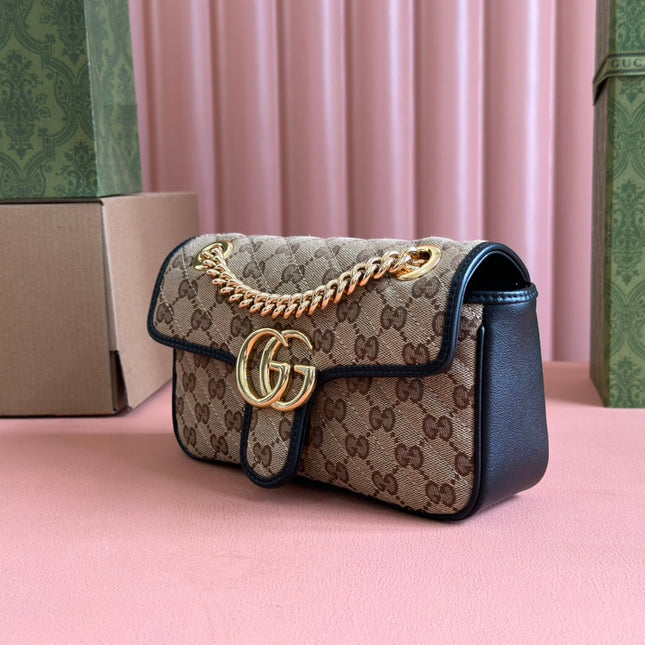 MARMONT MEDIUM SHOULDER BAG 22 IN BEIGE AND BROWN GG CANVAS BLACK CALFSKIN