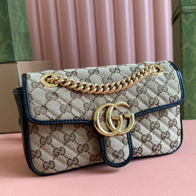 MARMONT MEDIUM SHOULDER BAG 22 IN BEIGE AND BROWN GG CANVAS BLACK CALFSKIN