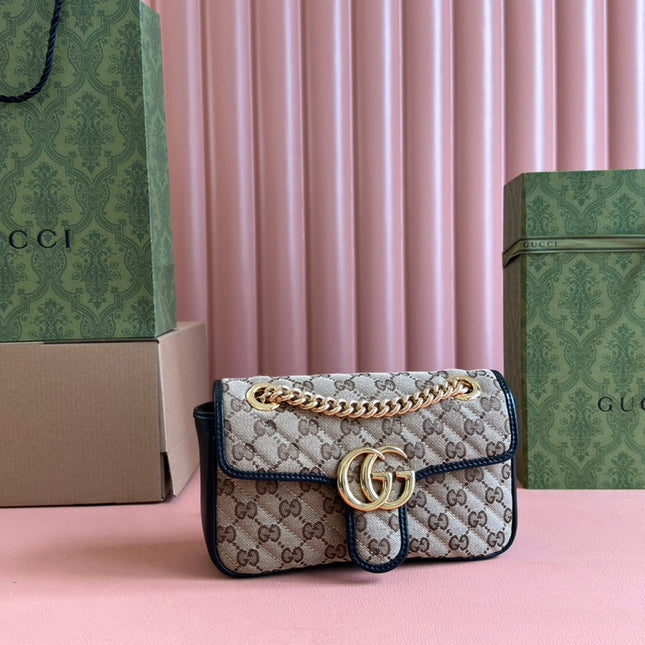 MARMONT MEDIUM SHOULDER BAG 22 IN BEIGE AND BROWN GG CANVAS BLACK CALFSKIN