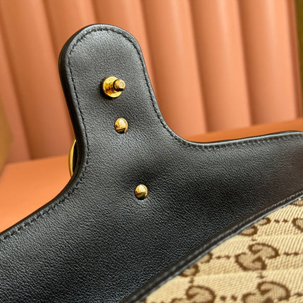 MARMONT MEDIUM SHOULDER BAG 26 IN BEIGE AND BROWN GG CANVAS BLACK CALFSKIN GOLD HARDWARE