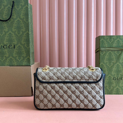 MARMONT MEDIUM SHOULDER BAG 26 IN BEIGE AND BROWN GG CANVAS BLACK CALFSKIN GOLD HARDWARE