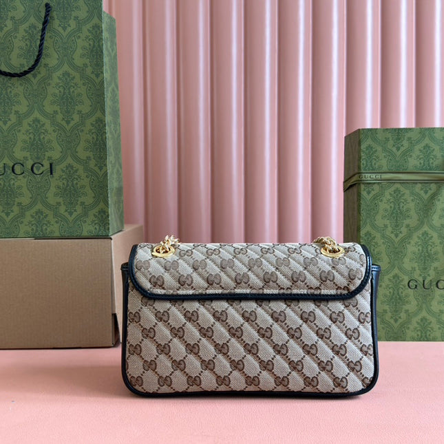 MARMONT MEDIUM SHOULDER BAG 26 IN BEIGE AND BROWN GG CANVAS BLACK CALFSKIN GOLD HARDWARE