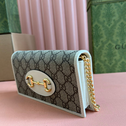 HORSEBIT 1955 WALLET IN BEIGE EBONY CANVAS MIX WHITE CALFSKIN GOLD CHAIN