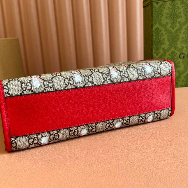 CHILDREN'S PRINTED RABBIT TOTE BAG 28.5 IN BEIGE AND DARK BROWN GG CANVAS RED TRIM