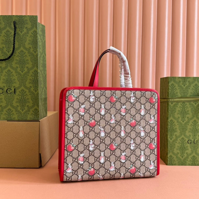 CHILDREN'S PRINTED RABBIT TOTE BAG 28.5 IN BEIGE AND DARK BROWN GG CANVAS RED TRIM