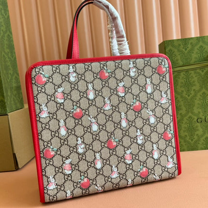 CHILDREN'S PRINTED RABBIT TOTE BAG 28.5 IN BEIGE AND DARK BROWN GG CANVAS RED TRIM