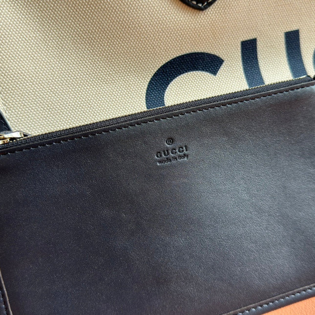 TOTE BAG PRINTED LOGO 41.5 IN WHITE CANVAS DARK BLUE CALFSKIN