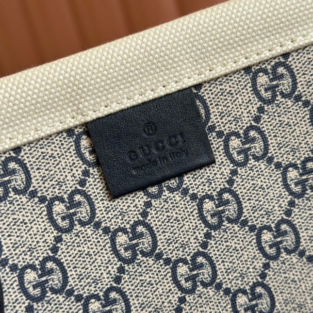 TOTE BAG PRINTED LOGO 41.5 IN WHITE CANVAS DARK BLUE CALFSKIN