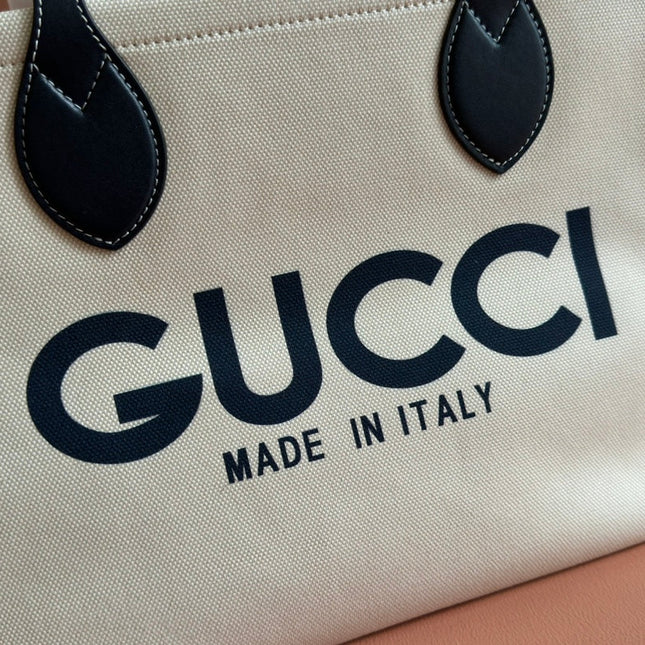 TOTE BAG PRINTED LOGO 41.5 IN WHITE CANVAS DARK BLUE CALFSKIN