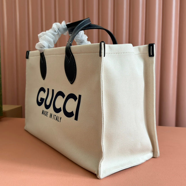 TOTE BAG PRINTED LOGO 41.5 IN WHITE CANVAS DARK BLUE CALFSKIN