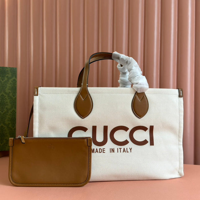 TOTE BAG PRINTED LOGO 41.5 IN BROWN CALFSKIN OFF WHITE CANVAS