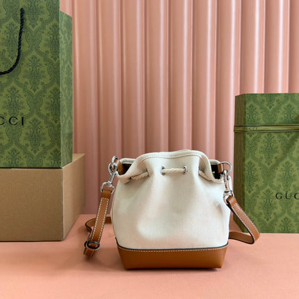 SMALL DRAWSTRING SHOULDER BAG 21 IN WHITE CANVAS BROWN CALFSKIN