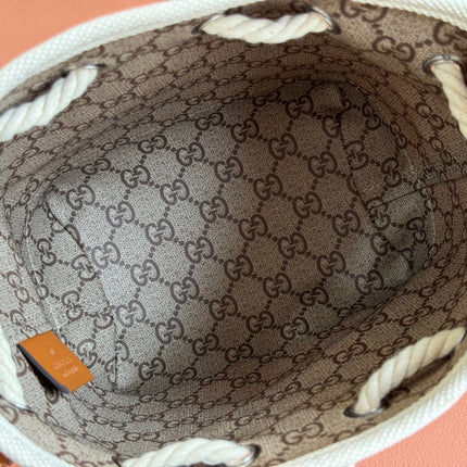 SMALL DRAWSTRING SHOULDER BAG 21 IN WHITE CANVAS BROWN CALFSKIN