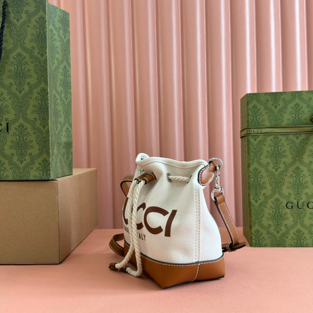 SMALL DRAWSTRING SHOULDER BAG 21 IN WHITE CANVAS BROWN CALFSKIN