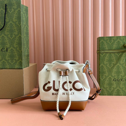 SMALL DRAWSTRING SHOULDER BAG 21 IN WHITE CANVAS BROWN CALFSKIN