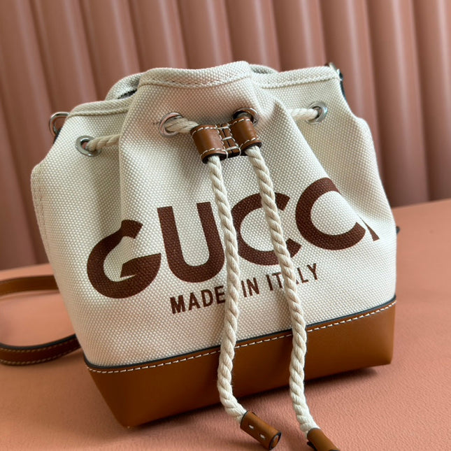 SMALL DRAWSTRING SHOULDER BAG 21 IN WHITE CANVAS BROWN CALFSKIN