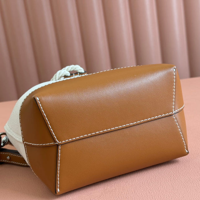 SMALL DRAWSTRING SHOULDER BAG 21 IN WHITE CANVAS BROWN CALFSKIN