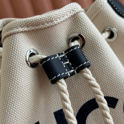 SMALL DRAWSTRING SHOULDER BAG 21 IN WHITE CANVAS DARK BLUE CALFSKIN