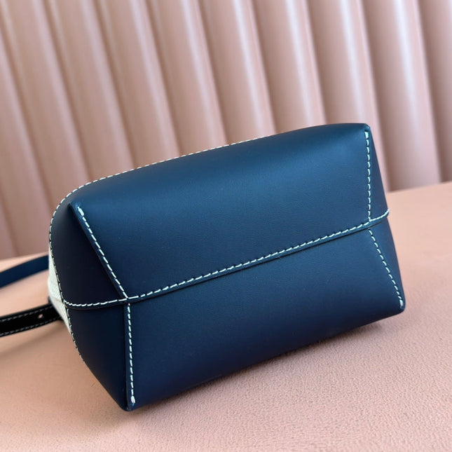 SMALL DRAWSTRING SHOULDER BAG 21 IN WHITE CANVAS DARK BLUE CALFSKIN