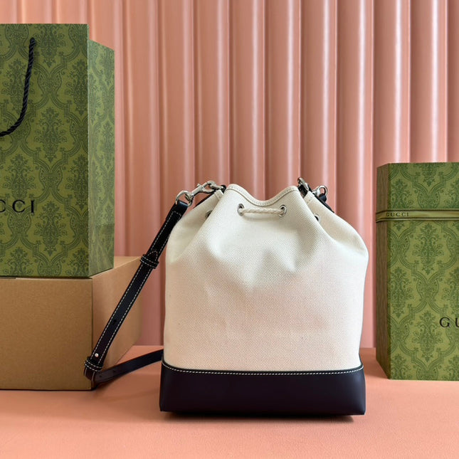 DRAWSTRING SHOULDER BAG LOGO PRINT 31 IN WHITE CANVAS DARK BLUE CALFSKIN