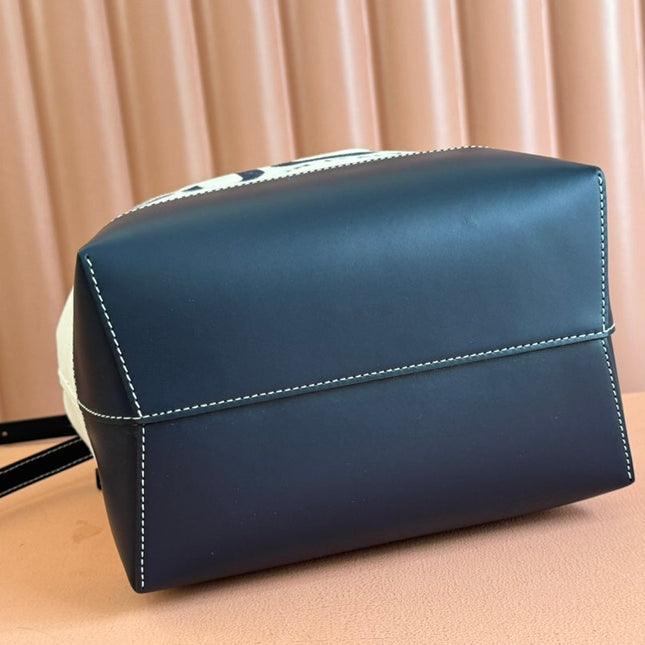 DRAWSTRING SHOULDER BAG LOGO PRINT 31 IN WHITE CANVAS DARK BLUE CALFSKIN