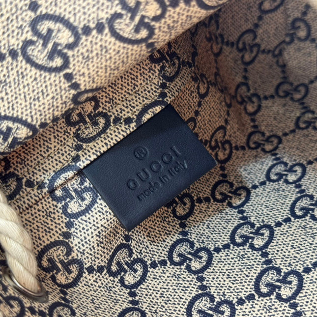 DRAWSTRING SHOULDER BAG LOGO PRINT 31 IN WHITE CANVAS DARK BLUE CALFSKIN