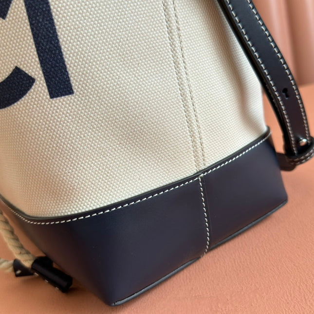 DRAWSTRING SHOULDER BAG LOGO PRINT 31 IN WHITE CANVAS DARK BLUE CALFSKIN