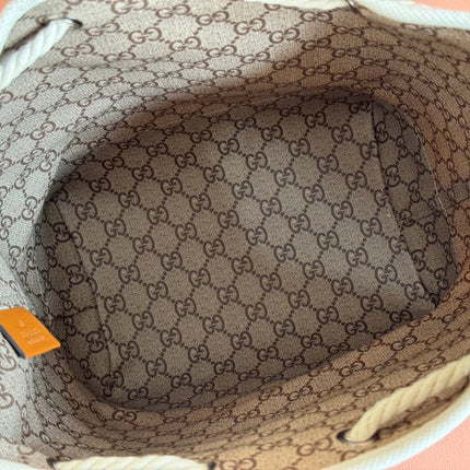 DRAWSTRING SHOULDER BAG LOGO PRINT 31 IN WHITE CANVAS BROWN CALFSKIN