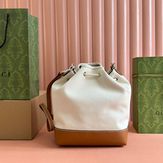 DRAWSTRING SHOULDER BAG LOGO PRINT 31 IN WHITE CANVAS BROWN CALFSKIN