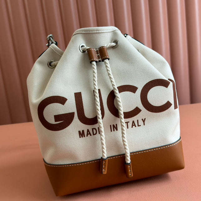 DRAWSTRING SHOULDER BAG LOGO PRINT 31 IN WHITE CANVAS BROWN CALFSKIN