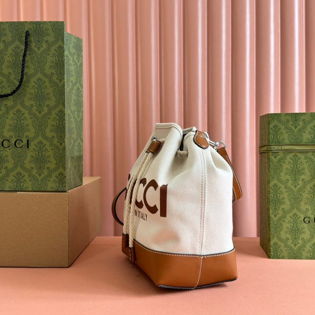 DRAWSTRING SHOULDER BAG LOGO PRINT 31 IN WHITE CANVAS BROWN CALFSKIN