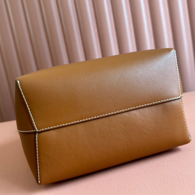 DRAWSTRING SHOULDER BAG LOGO PRINT 31 IN WHITE CANVAS BROWN CALFSKIN