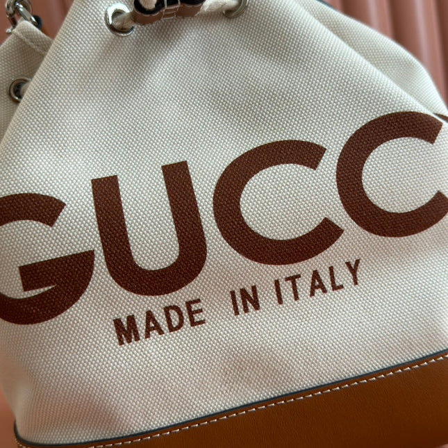 DRAWSTRING SHOULDER BAG LOGO PRINT 31 IN WHITE CANVAS BROWN CALFSKIN