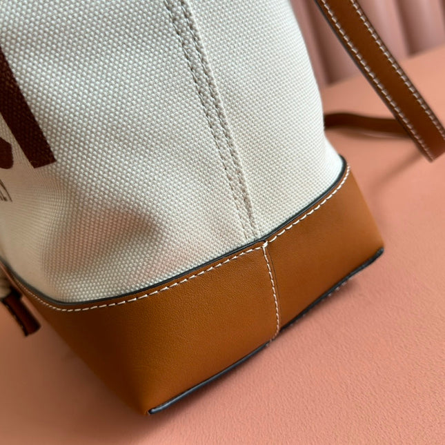 DRAWSTRING SHOULDER BAG LOGO PRINT 31 IN WHITE CANVAS BROWN CALFSKIN