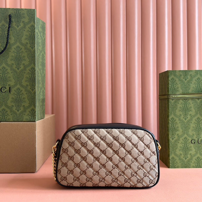 MARMONT MEDIUM SHOULDER BAG 24 IN BEIGE AND BROWN GG CANVAS BLACK CALFSKIN