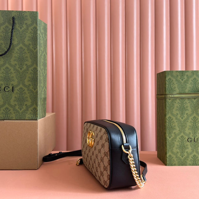 MARMONT MEDIUM SHOULDER BAG 24 IN BEIGE AND BROWN GG CANVAS BLACK CALFSKIN