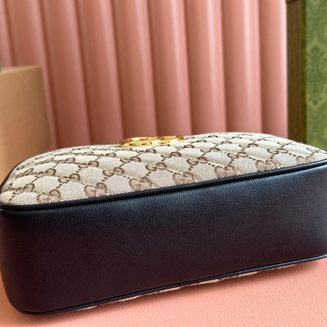 MARMONT MEDIUM SHOULDER BAG 24 IN BEIGE AND BROWN GG CANVAS BLACK CALFSKIN