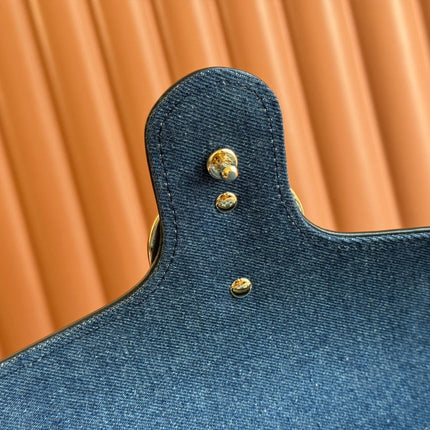 MARMONT SHOULDER BAG 26 IN BLUE DENIM WITH DOUBLE G CRYSTAL PATTERN GOLD HARDWARE