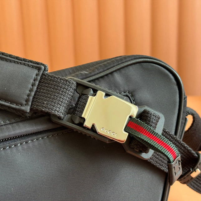 LARGE BELT BAG 34 IN BLACK CANVAS GREEN AND RED WEB DETAIL