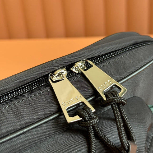 LARGE BELT BAG 34 IN BLACK CANVAS GREEN AND RED WEB DETAIL