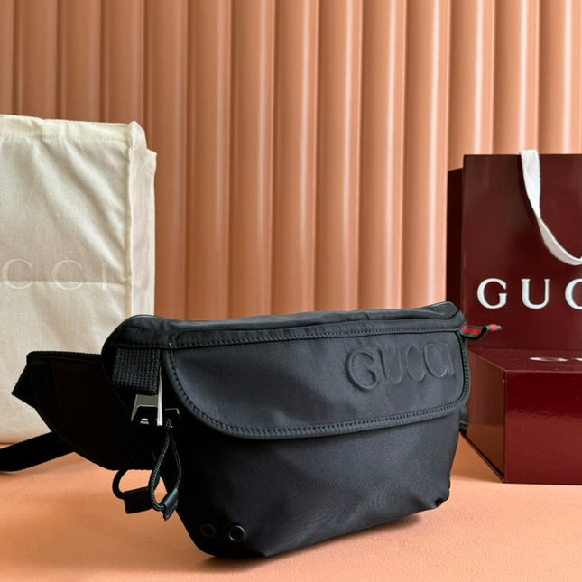 LARGE BELT BAG 32 IN BLACK CANVAS GREEN AND RED WEB DETAIL